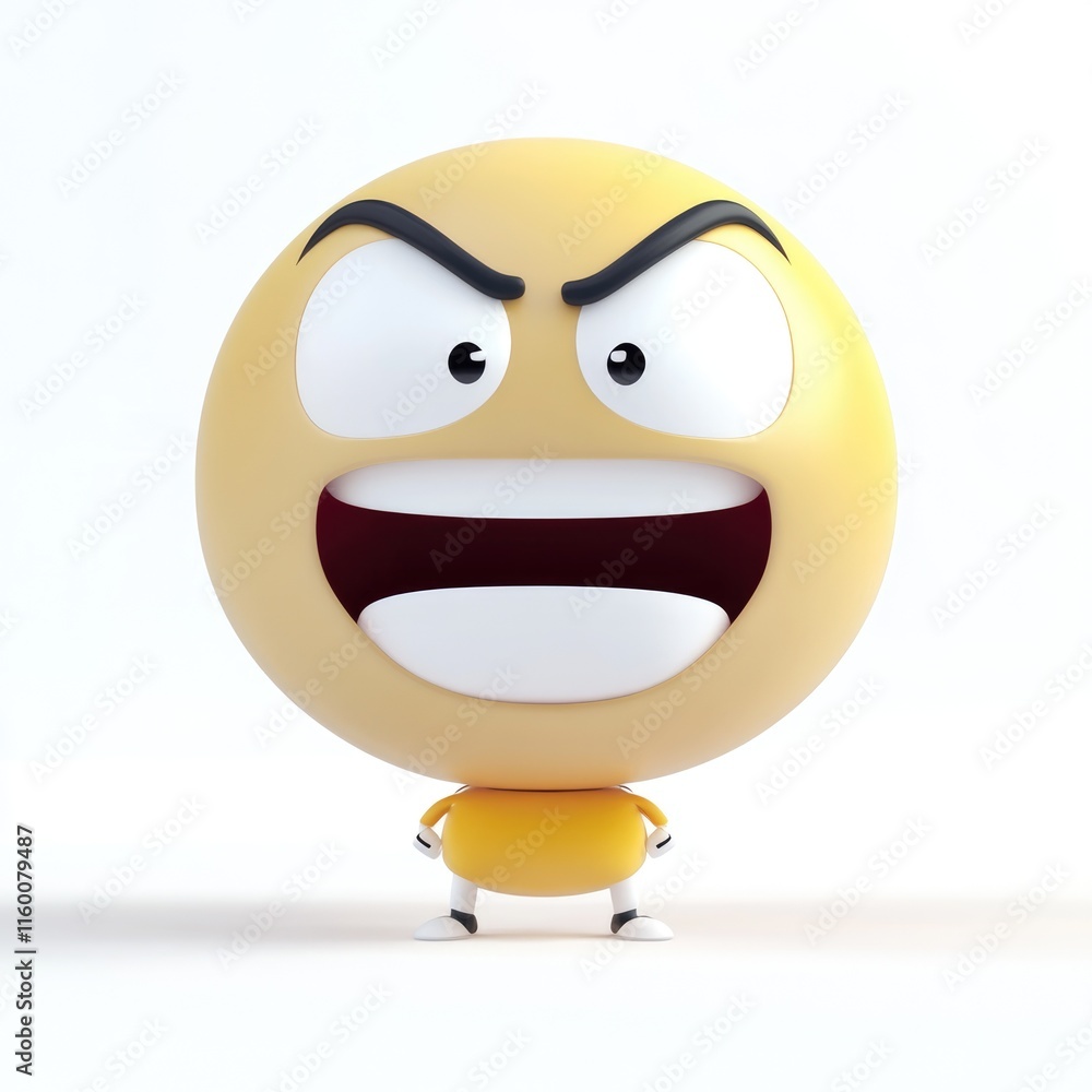 Vibrant yellow smiley emoticon exhibits anger with furrowed brows and an open mouth, standing confidently with hands on hips in an animated style against a light background Vibrant yellow smiley emoticon exhibits anger with furrowed brows and an open mouth, standing confidently with hands on hips in an animated style against a light background