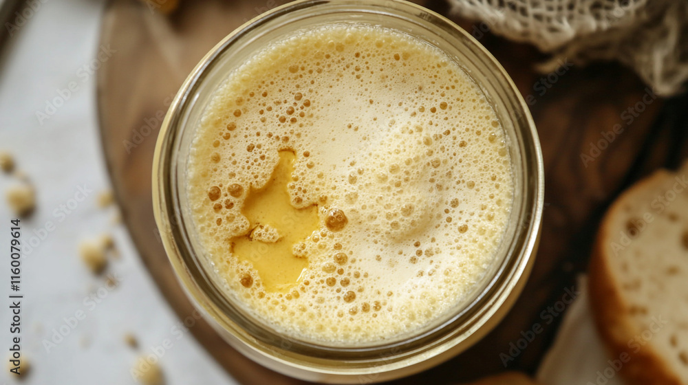 A close-up view of a glass jar filled with golden foamy beverage placed on a wooden surface surrounded by bread and rustic textiles. A close-up view of a glass jar filled with golden foamy beverage placed on a wooden surface surrounded by bread and rustic textiles.