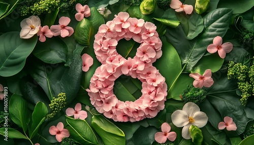 Number 8 surrounded by soft pink blooms, set against a green botanical backdrop, symbolizing International Womens Day and the strength of women photo