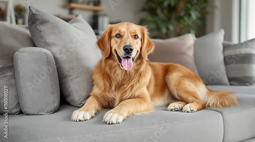 Happy Golden Retriever Relaxing on a Cozy Gray Sofa photo