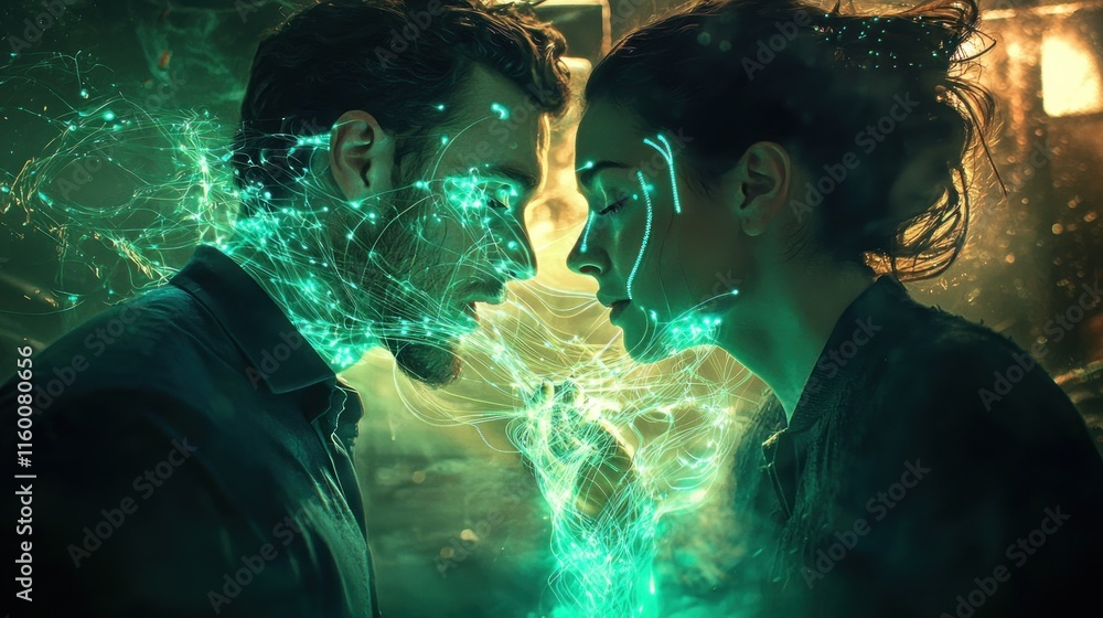 Fototapeta premium Couple connected by glowing energy, faces close.