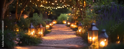 Wallpaper Mural Twilight summer garden party with whimsical illumination, fairy lights, and lanterns illuminating the garden, creating a magical and peaceful atmosphere Torontodigital.ca