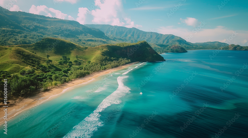 Aerial Panorama of Pristine Beach and Majestic Mountains, Captured by Drone Aerial Panorama of Pristine Beach and Majestic Mountains, Captured by Drone
