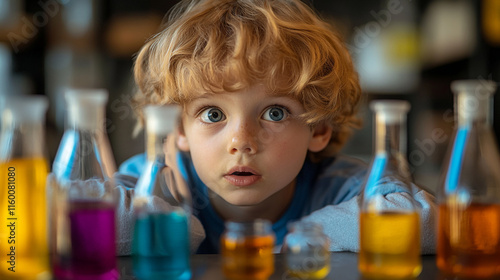 A young boy with a look of amazement, watching a colorful chemical reaction unfold in front of him during a science experiment.