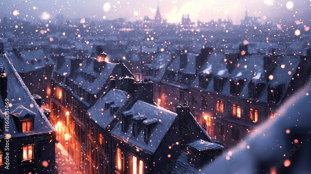Fototapeta premium Snowy Evening Over City Rooftops with Warm Glowing Windows