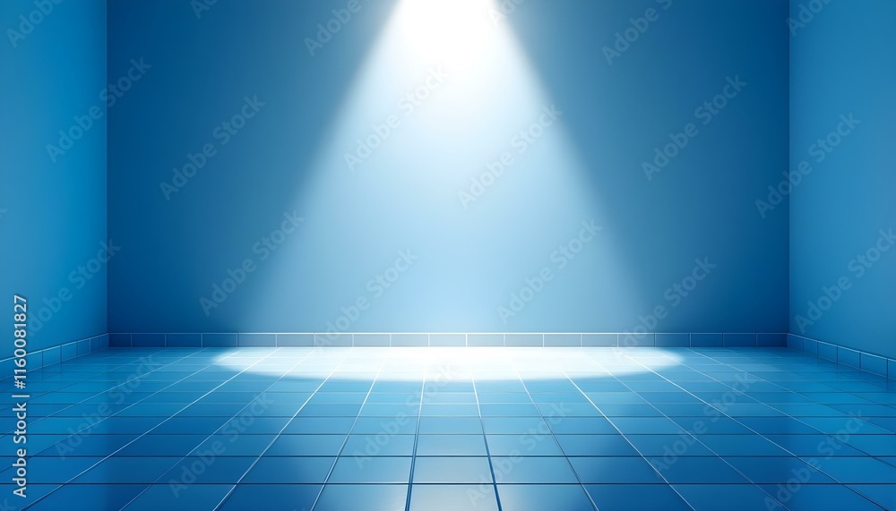 Abstract light blue background with tile floor and spotlight for product presentation. Abstract blue concrete room background for product presentation. Blue spotlight shines on a dark tiled floor. Abstract light blue background with tile floor and spotlight for product presentation. Abstract blue concrete room background for product presentation. Blue spotlight shines on a dark tiled floor.