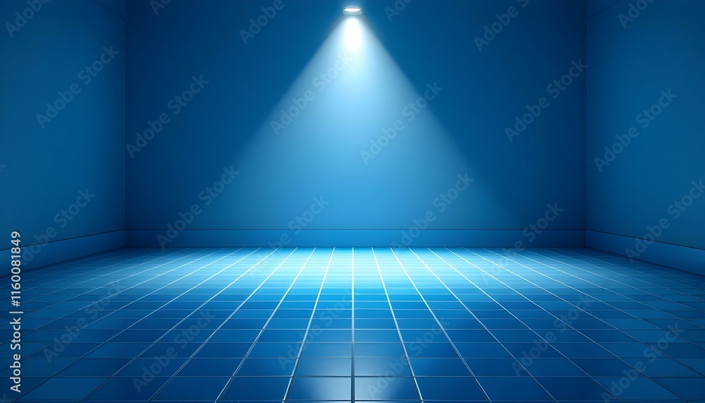 Abstract light blue background with tile floor and spotlight for product presentation. Abstract blue concrete room background for product presentation. Blue spotlight shines on a dark tiled floor. Abstract light blue background with tile floor and spotlight for product presentation. Abstract blue concrete room background for product presentation. Blue spotlight shines on a dark tiled floor.