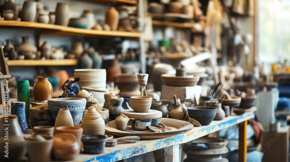 A vibrant pottery studio filled with spinning wheels and clay creations, Artists' tools arranged amidst creative chaos, Artistic workshop style A vibrant pottery studio filled with spinning wheels and clay creations, Artists' tools arranged amidst creative chaos, Artistic workshop style