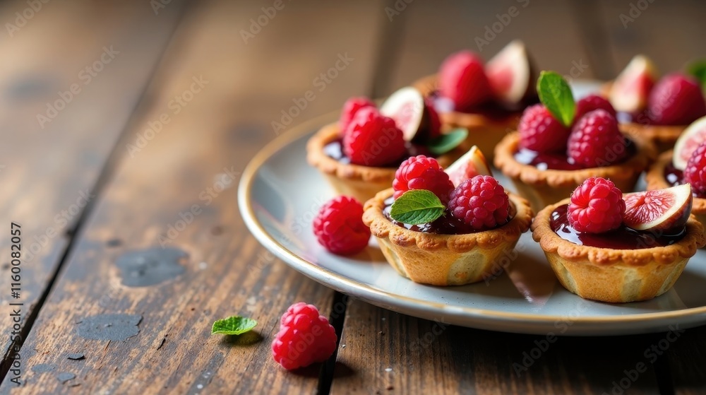 Delicious Mini Fruit Tarts with Raspberry and Fig Filling on Rustic Wooden Table Delicious Mini Fruit Tarts with Raspberry and Fig Filling on Rustic Wooden Table