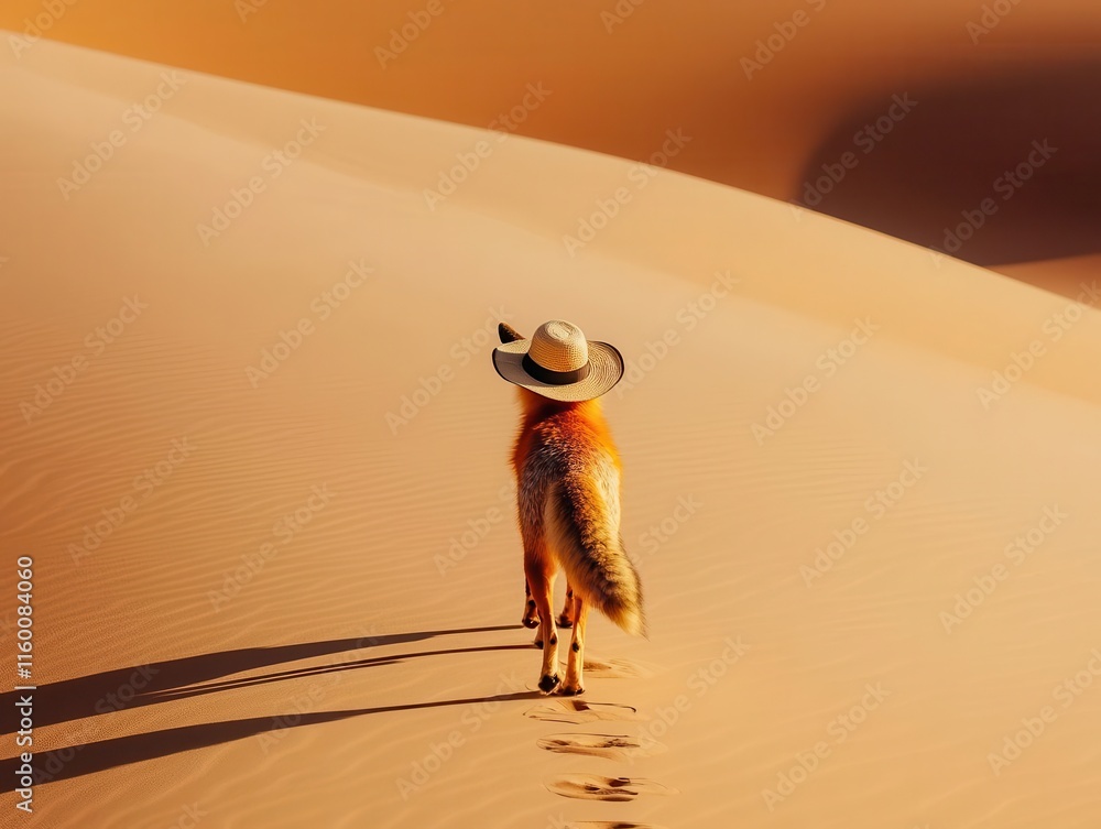 Obraz premium Desert fox with a travelers hat walking across the dunes, animal travel, adventurous and cunning