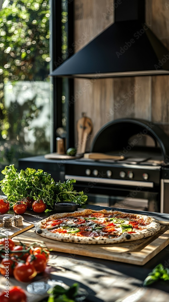 Freshly Baked Pizza Surrounded by Vibrant Vegetables in Kitchen Freshly Baked Pizza Surrounded by Vibrant Vegetables in Kitchen