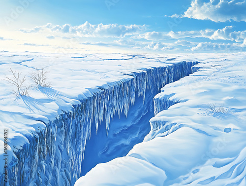 A serene scene of a deep crevasse in the middle of a snowy landscape, with clear blue ice layers contrasting against the white snow photo