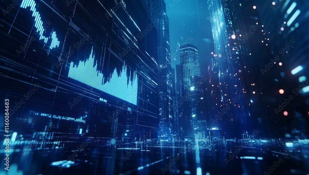 Fototapeta premium Futuristic city street with digital data and graphs.