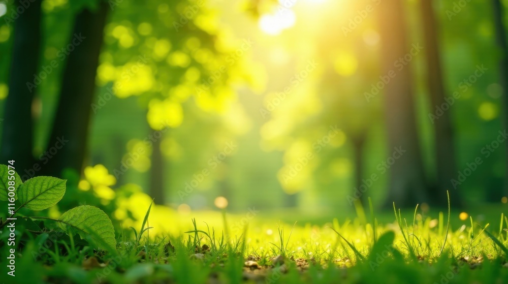Obraz premium Serene Sunlight Illuminating Lush Green Foliage and Grass in a Peaceful Woodland Setting