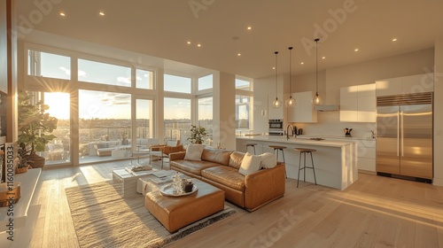 Sunlit modern living room with large windows, leather couch, and open kitchen.