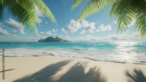 Pristine Tropical Beach with Swaying Palm Trees and Clear Turquoise Waters photo