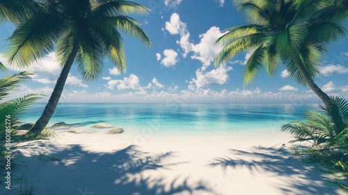 Pristine Tropical Beach with Swaying Palm Trees and Clear Turquoise Waters photo