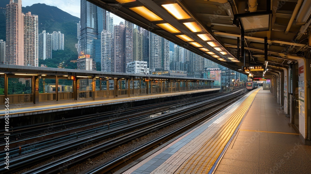 Urban Train Station Platform with City Skyline in Background Urban Train Station Platform with City Skyline in Background