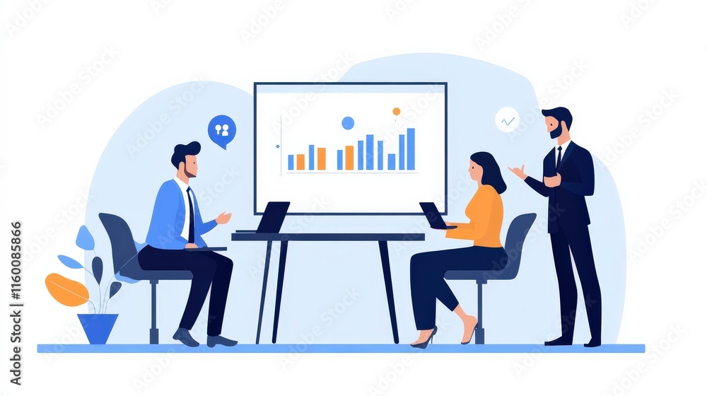 Business Meeting with Data Visualization and Analysis in Modern Office Environment Featuring Professionals Engaged in Discussion and Collaboration Business Meeting with Data Visualization and Analysis in Modern Office Environment Featuring Professionals Engaged in Discussion and Collaboration