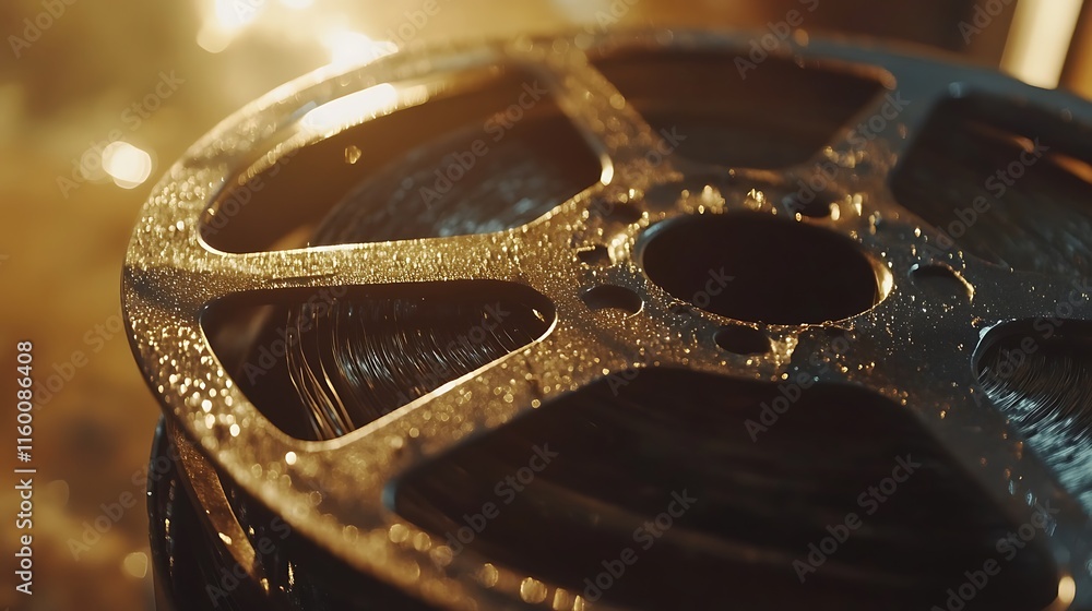 A close-up of a film reel, showcasing its texture and metallic shine. A close-up of a film reel, showcasing its texture and metallic shine.