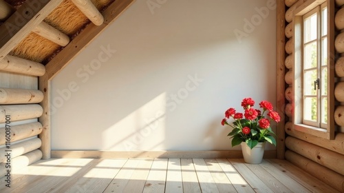 Serene Sunlight Illuminates a Rustic Room with Wooden Walls and a Potted Bouquet of Flowers