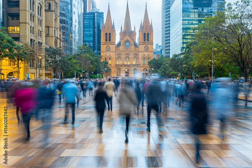 Fototapeta premium Blurred crowd walking past St Andrew's Cathedral in Sydney.