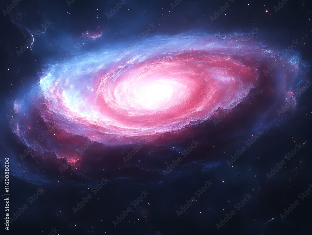 Obraz premium A vibrant pink and blue spiral galaxy swirls in space