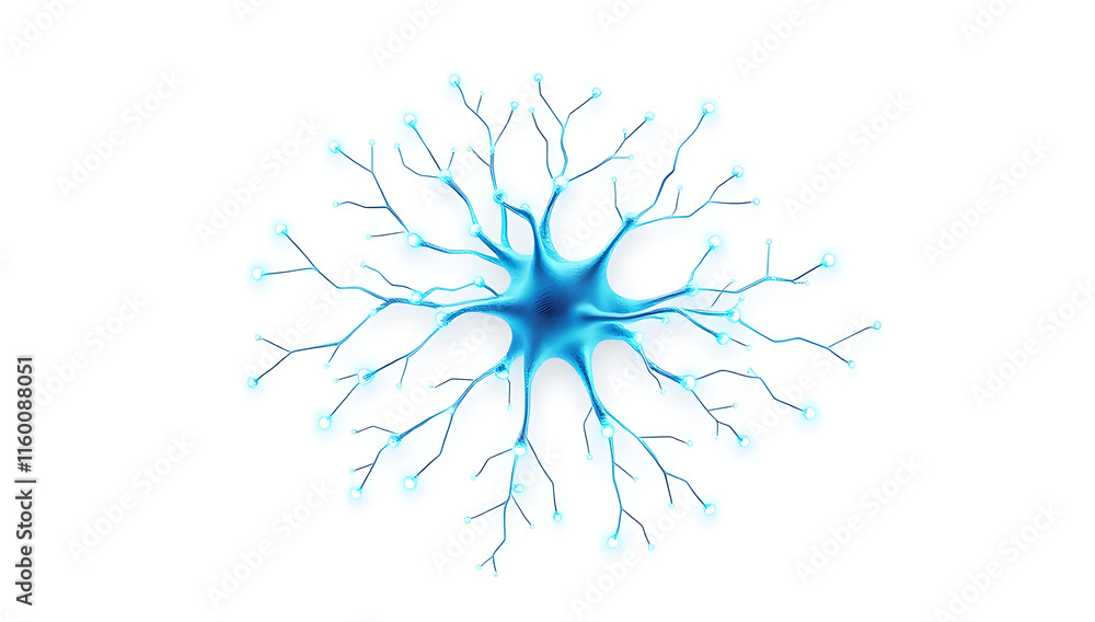 Obraz premium A glowing neuron network icon with interconnecting nodes, electric pulses, and a 3D holographic effect on a plain white background. Ideal for neuroscience or AI themes. 