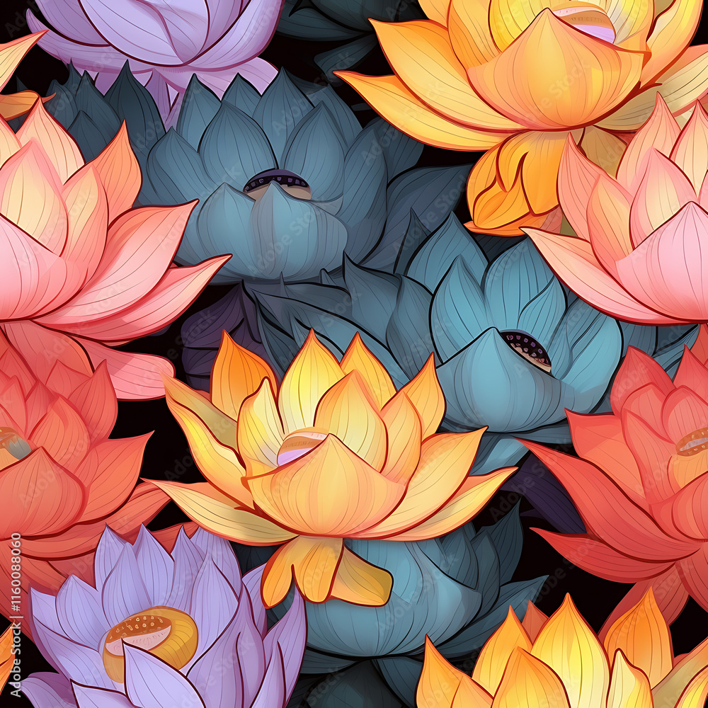 Lotus, seamless pattern, the queen of aquatic plants has leaf stalks that grow underwater, on the surface or above the water. Lotus, seamless pattern, the queen of aquatic plants has leaf stalks that grow underwater, on the surface or above the water.