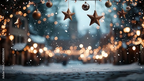 A Christmas celebration with balloonshaped stars, angels, and bells floating above a snowy town square photo