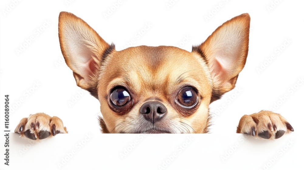 Adorable chihuahua puppy peeking over white background. Adorable chihuahua puppy peeking over white background.