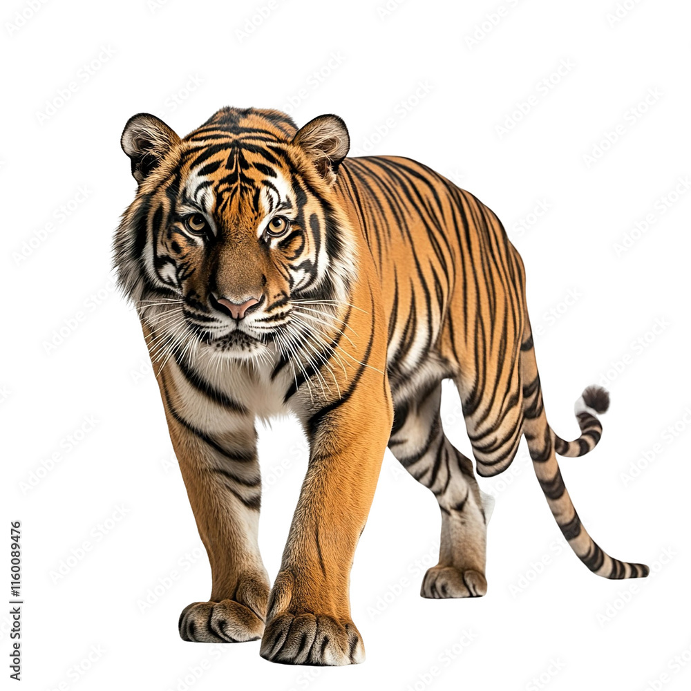 Obraz premium Angled view full body shot of an extremely perfect looking single Indochinese Tiger animal isolated on a white transparent background