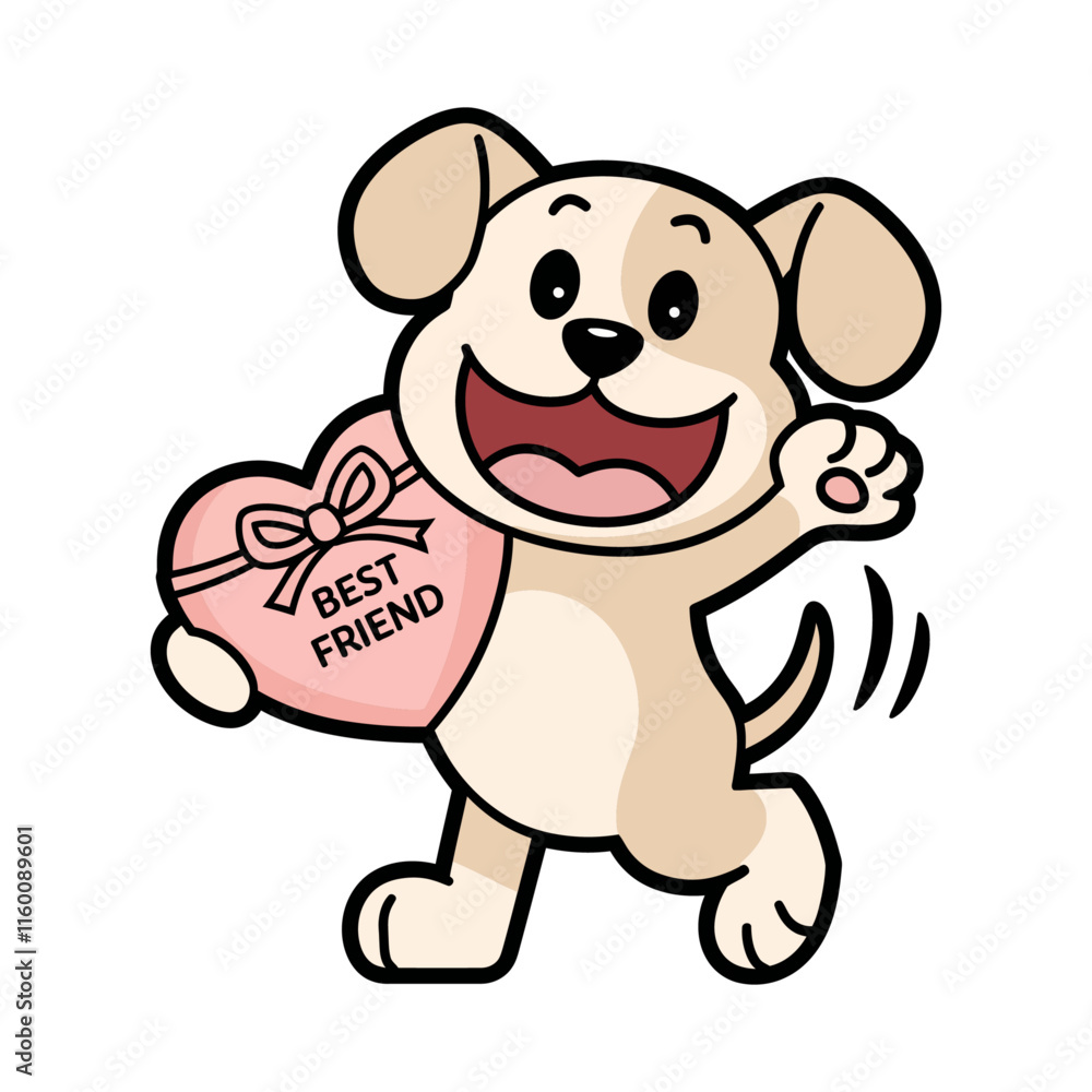 Playful Kawaii Puppy with Heart-Shaped Gift, Valentine's Day and friendship themed designs