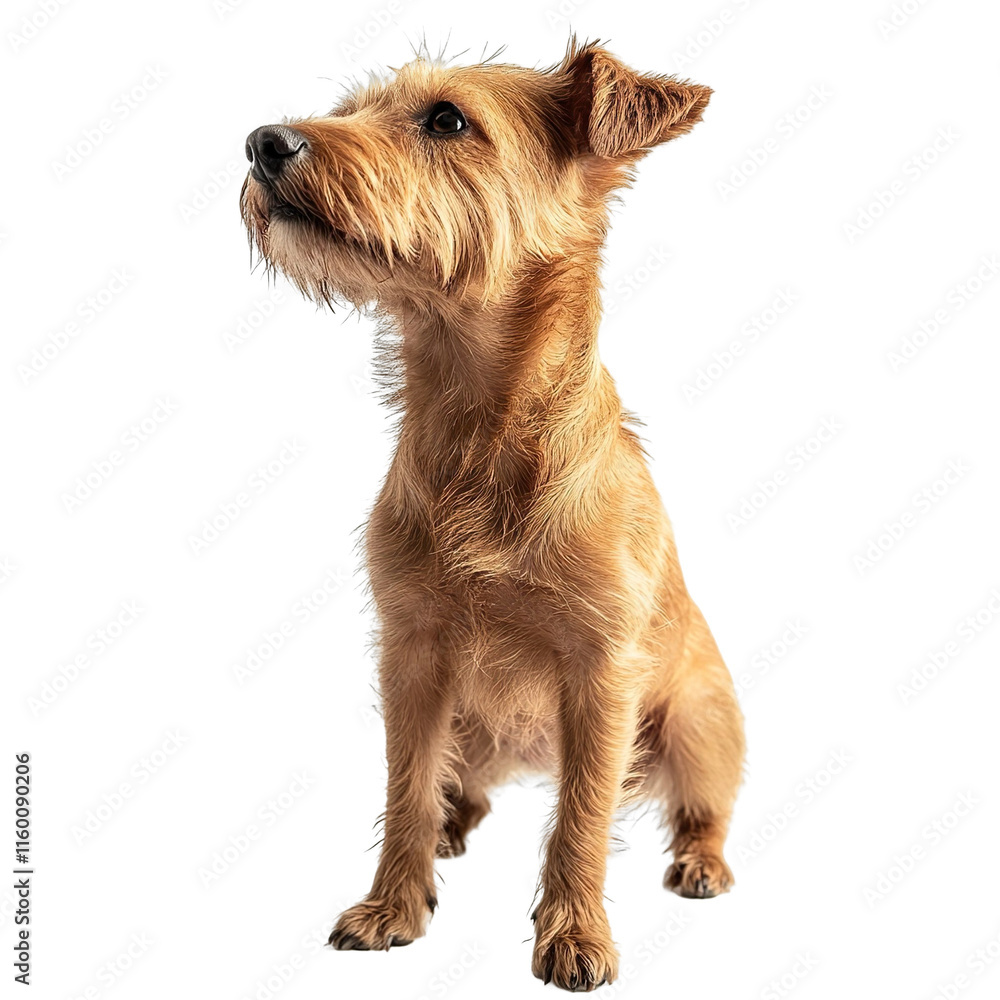 Angled view full body shot of an extremely perfect looking single Irish Terrier animal isolated on a white transparent background Angled view full body shot of an extremely perfect looking single Irish Terrier animal isolated on a white transparent background