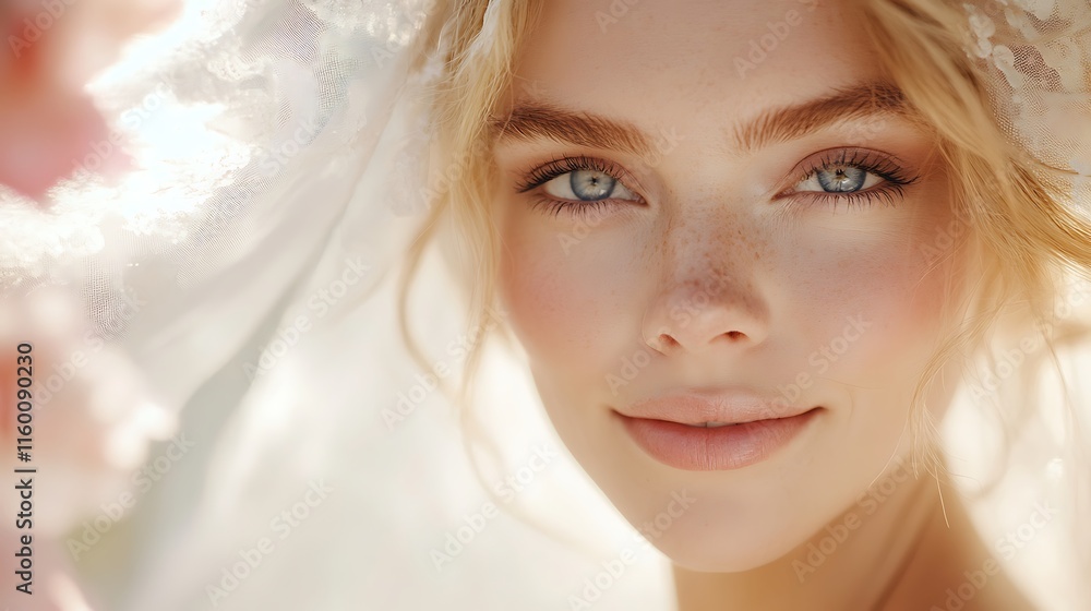 A close-up portrait of a bride with stunning blue eyes and soft features. A close-up portrait of a bride with stunning blue eyes and soft features.