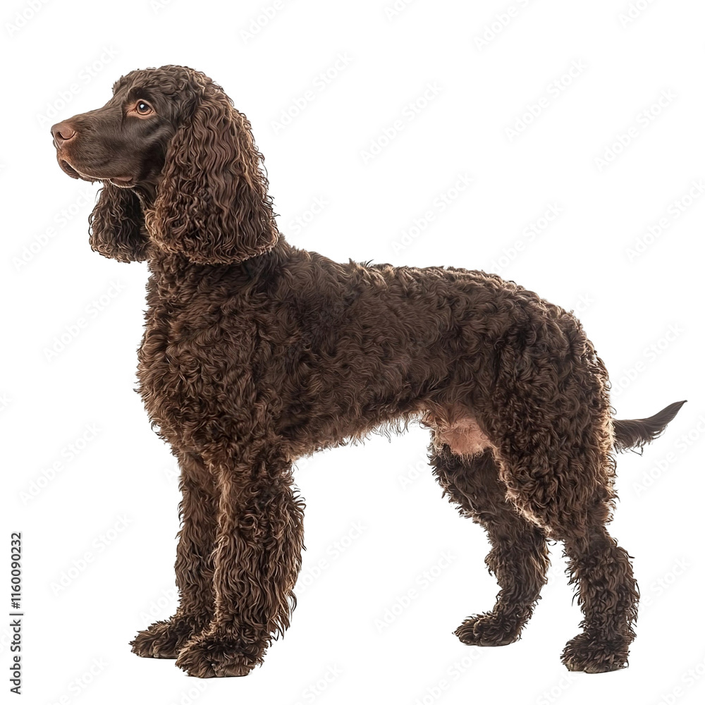 Angled view full body shot of an extremely perfect looking single Irish Water Spaniel animal isolated on a white transparent background Angled view full body shot of an extremely perfect looking single Irish Water Spaniel animal isolated on a white transparent background