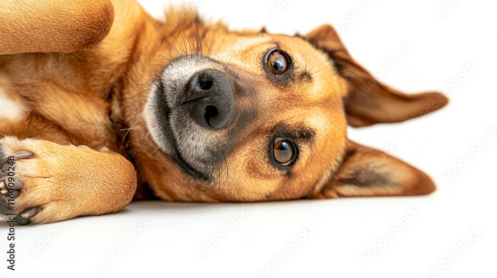 Playful brown dog lying on its back, looking at the camera with a curious expression against a white background. Playful brown dog lying on its back, looking at the camera with a curious expression against a white background.