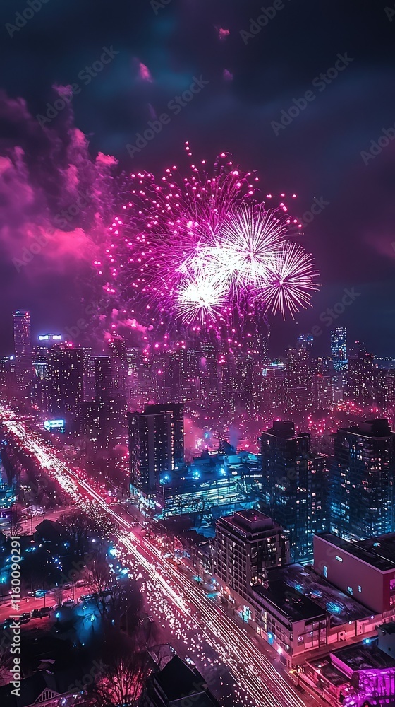 Fototapeta premium Stunning Night Cityscape with Colorful Fireworks Display Over Skyscrapers