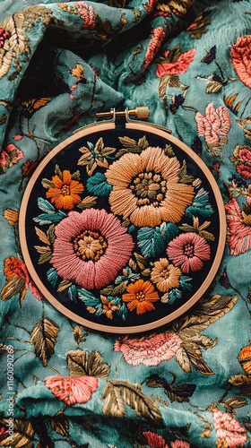 Beautiful Floral Embroidery Hoops on Vibrant Fabric Background