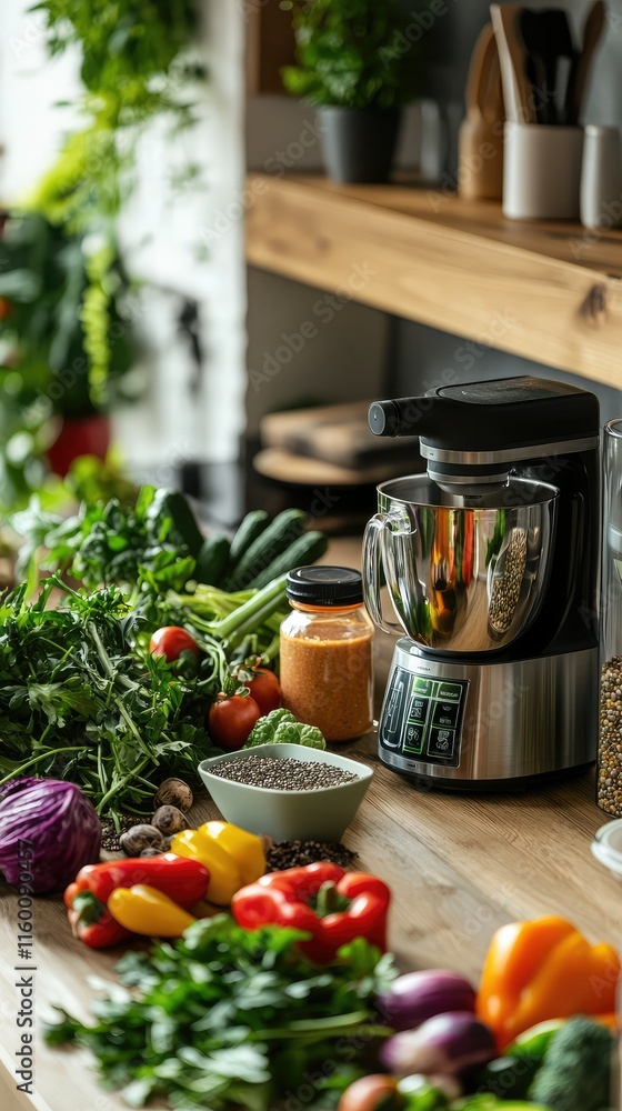 Fresh Vegetables and Kitchen Blender on Wooden Countertop Display Fresh Vegetables and Kitchen Blender on Wooden Countertop Display