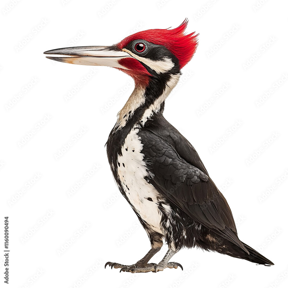 Fototapeta premium Angled view full body shot of an extremely perfect looking single Ivory-billed Woodpecker animal isolated on a white transparent background