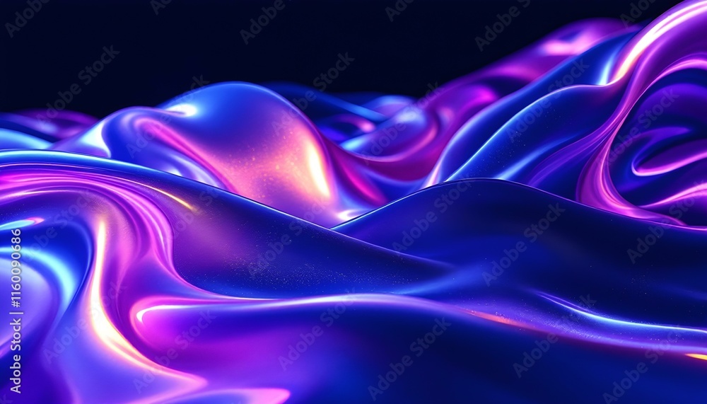 Fototapeta premium Abstract fluid holographic iridescent purple curved wave in dark background 3d render. Gradient design element for backgrounds, and wallpapers. Abstract dark holographic iridescent neon background