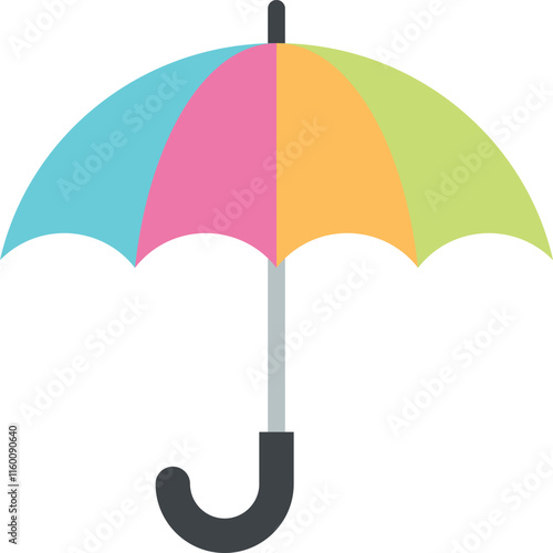 A colorful umbrella with pink, light blue, orange, and light green panels. Perfect for a rainy day.