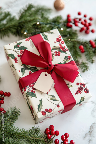 Gift box with a red ribbon and tag on a white background, perfect for holiday shopping themes photo