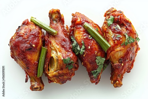 Four glazed chicken drumsticks, garnished with green onions and cilantro. Perfect for food blogs, restaurant menus, or recipe websites. photo