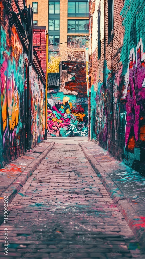 Naklejka premium Vibrant Urban Alleyway with Colorful Street Art and Graffiti