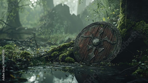 Ancient Wooden Shield Embedded in Foggy Forest Landscape photo