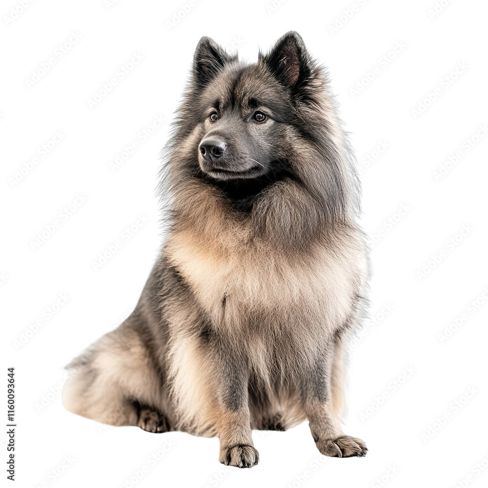 Angled view full body shot of extremely perfect looking single Keeshond animal isolated on a white transparent background Angled view full body shot of extremely perfect looking single Keeshond animal isolated on a white transparent background