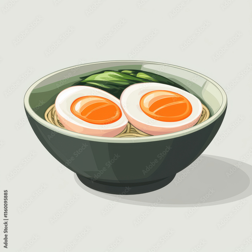 Ramen noodles in bowl with soft boiled egg and seaweed isolated design on white background Ramen noodles in bowl with soft boiled egg and seaweed isolated design on white background