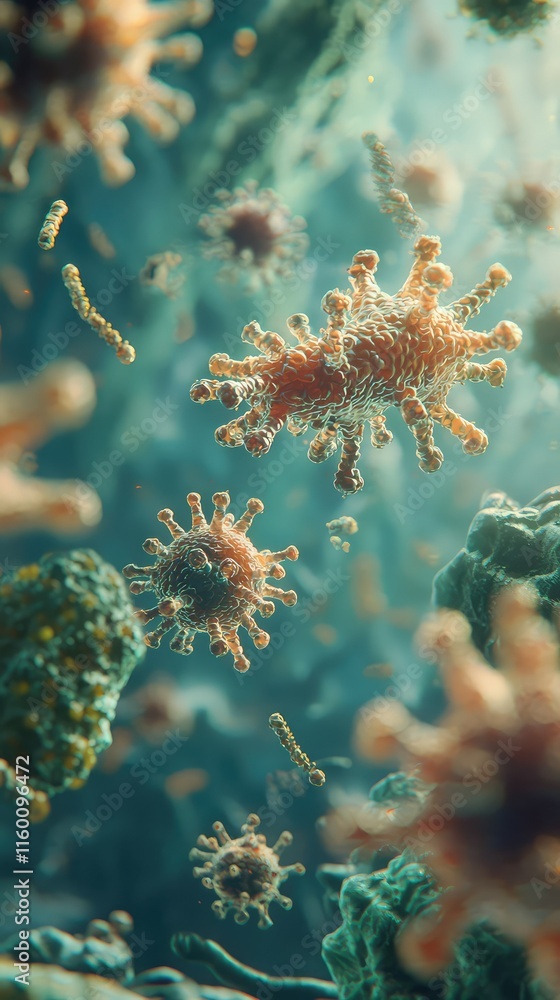 Fototapeta premium Microscopic View of Colorful Virus Particles in Cellular Environment